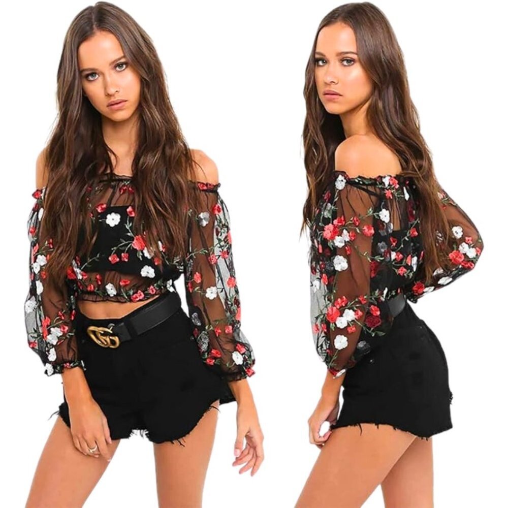 NWT Sheer Crop Top Sexy Floral Embroidery Black Mesh Tulle Shirt Long Sleeve